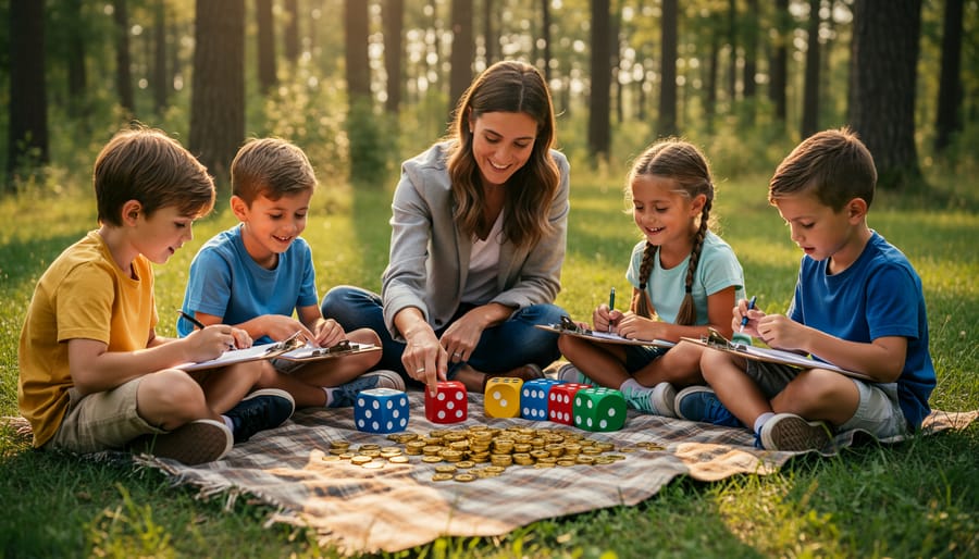 Father and children playing educational probability games with dice outdoors in forest setting