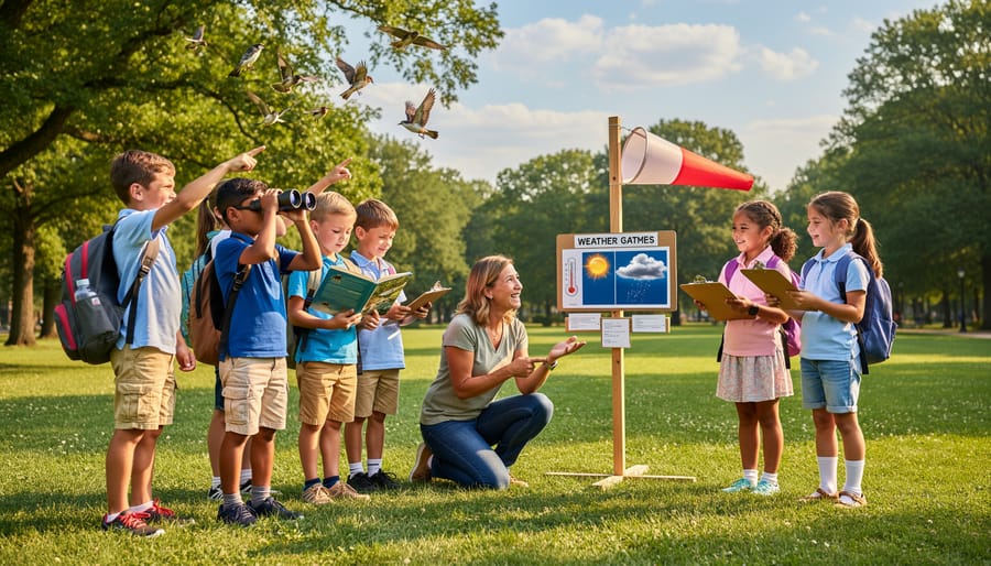 Group of children with binoculars engaged in nature observation and prediction activities in meadow
