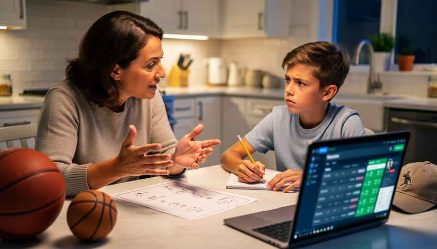 Mother and pre-teen daughter having meaningful conversation outdoors by lake