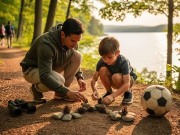 Parent and school-age child on a forest trail near a lake arrange stones and pinecones to illustrate probability, with binoculars and a soccer ball nearby in warm golden hour light, trees and distant hikers softly blurred in the background.