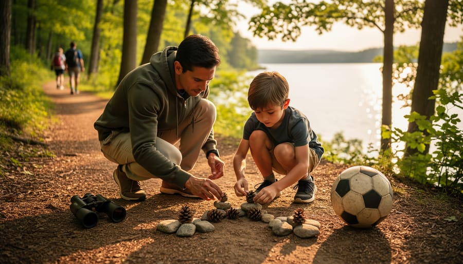 Parent and school-age child on a forest trail near a lake arrange stones and pinecones to illustrate probability, with binoculars and a soccer ball nearby in warm golden hour light, trees and distant hikers softly blurred in the background.