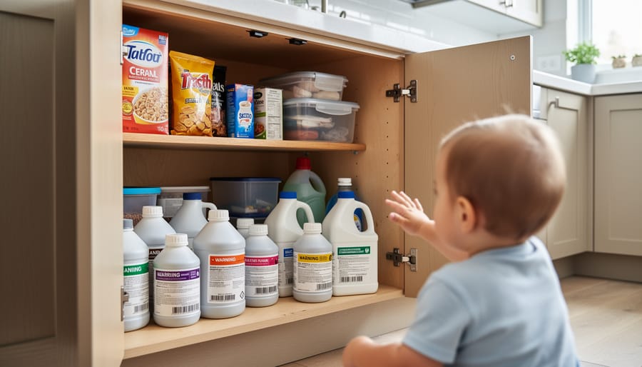 Unmarked lab-style vial and capsules sitting near a home medicine cabinet counter, illustrating potential child access to dangerous substances