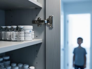 Unlabeled research-style vials inside a bathroom medicine cabinet with a child’s silhouette near the doorway, illustrating the importance of keeping such substances out of reach.