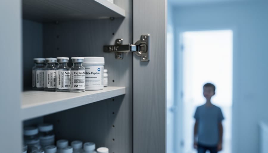 Unlabeled research-style vials inside a bathroom medicine cabinet with a child’s silhouette near the doorway, illustrating the importance of keeping such substances out of reach.
